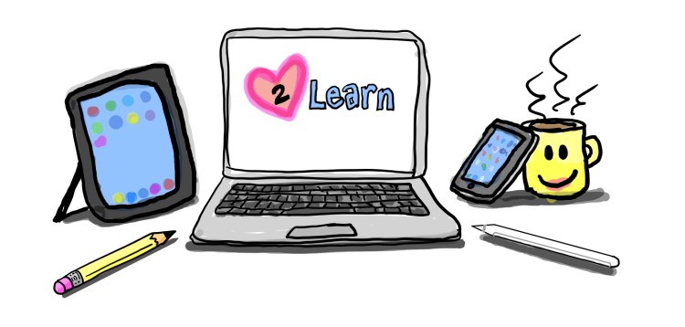 Love to learn cartoon. Features an iPad propped up next to a laptop displaying a heart with the number 2 inside next to the word learn. Next to the laptop on the right is an iPhone propped up on a steaming mug of coffee featuring a smiling face. In front of the three tools lays a number two pencil and an Apple Pencil.