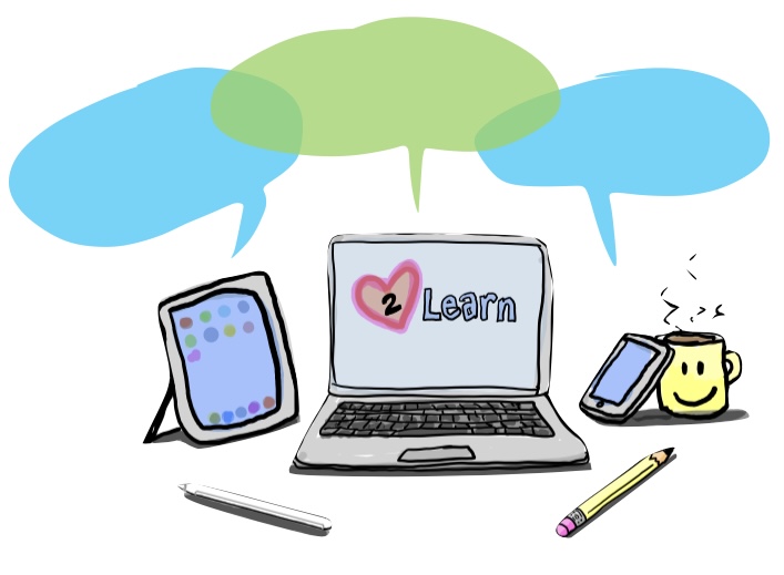 Love to learn cartoon. Features an iPad propped up next to a laptop displaying a heart with the number 2 inside next to the word learn. Next to the laptop on the right is an iPhone propped up on a steaming mug of coffee featuring a smiling face. In front of the three tools lays a number two pencil and an Apple Pencil. Above the three devices are blue and green speech bubbles.